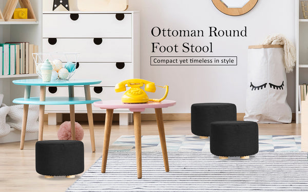 Fabric Ottoman Round Foot Stool With Wooden Legs Black Home Furniture Ottomans Footstools & Poufs