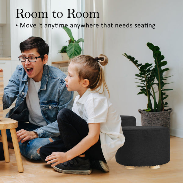 Fabric Ottoman Round Foot Stool With Wooden Legs Black Home Furniture Ottomans Footstools & Poufs