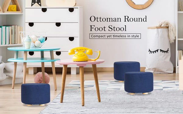 Fabric Ottoman Round Wooden Leg Foot Stool Dark Blue Furniture For Home And Garden Ottomans Footstools & Poufs
