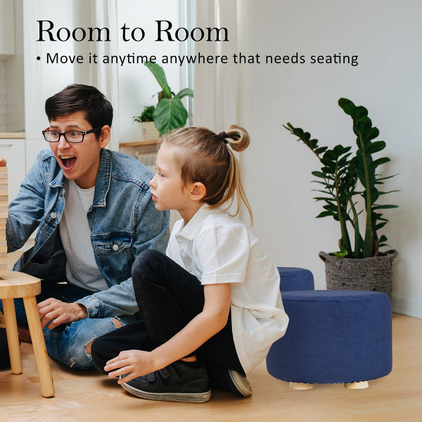 Fabric Ottoman Round Wooden Leg Foot Stool Dark Blue Furniture For Home And Garden Ottomans Footstools & Poufs