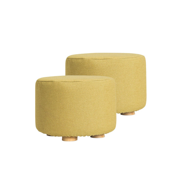 2X Fabric Ottoman Round Wooden Leg Foot Stool Mustard Yellow Ottomans Footstools & Poufs