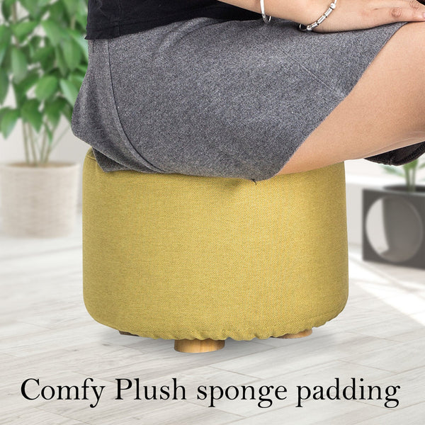 2X Fabric Ottoman Round Wooden Leg Foot Stool Mustard Yellow Ottomans Footstools & Poufs