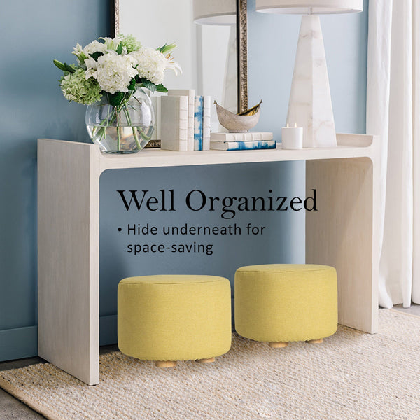 2X Fabric Ottoman Round Wooden Leg Foot Stool Mustard Yellow Ottomans Footstools & Poufs
