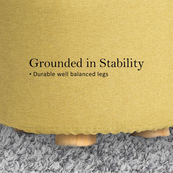 2X Fabric Ottoman Round Wooden Leg Foot Stool Mustard Yellow Ottomans Footstools & Poufs