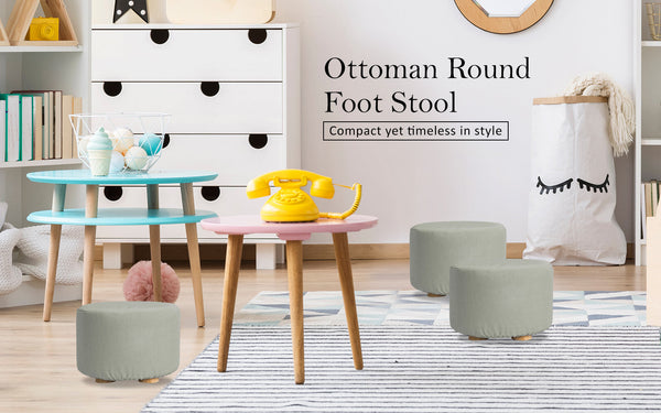 Grey Fabric Ottoman Round Wooden Leg Footstool Furniture For Home And Garden Ottomans Footstools & Poufs