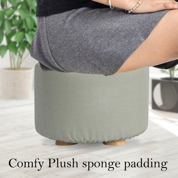 2X Fabric Ottoman Round Wooden Leg Foot Stool Grey Ottomans Footstools & Poufs
