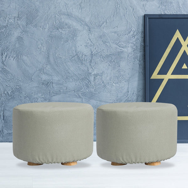2X Fabric Ottoman Round Wooden Leg Foot Stool Grey Ottomans Footstools & Poufs