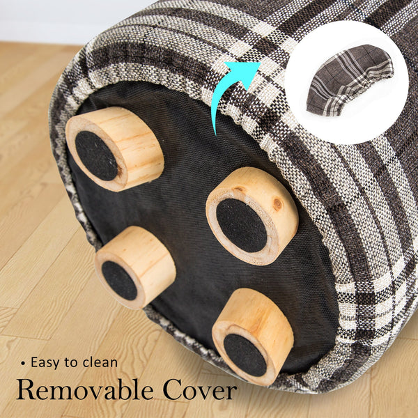 2X Fabric Ottoman Round Wooden Leg Foot Stool Lattice Ottomans Footstools & Poufs