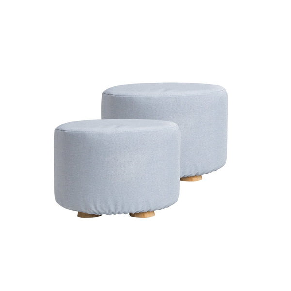 2X Fabric Ottoman Round Wooden Leg Foot Stool Light Blue Ottomans Footstools & Poufs