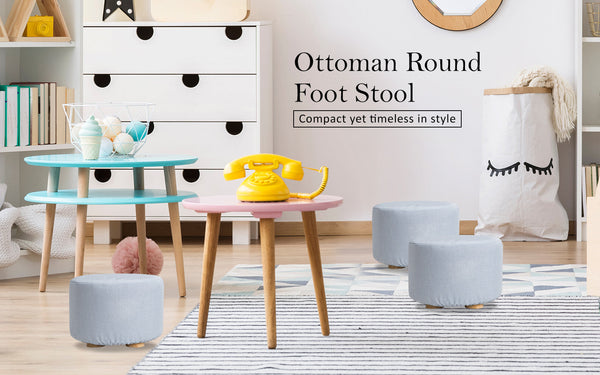 2X Fabric Ottoman Round Wooden Leg Foot Stool Light Blue Ottomans Footstools & Poufs