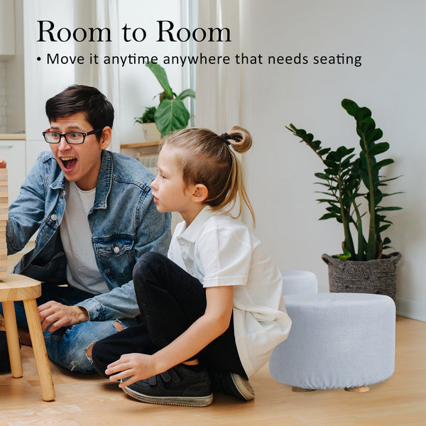 2X Fabric Ottoman Round Wooden Leg Foot Stool Light Blue Ottomans Footstools & Poufs