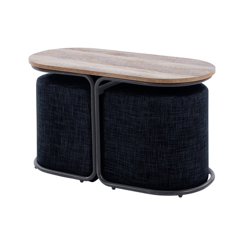 3 Piece Set Coffee Table & Ottoman Wood Side End Industrial Black Ottomans Footstools & Poufs