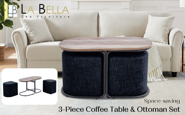 3 Piece Set Coffee Table & Ottoman Wood Side End Industrial Black Ottomans Footstools & Poufs