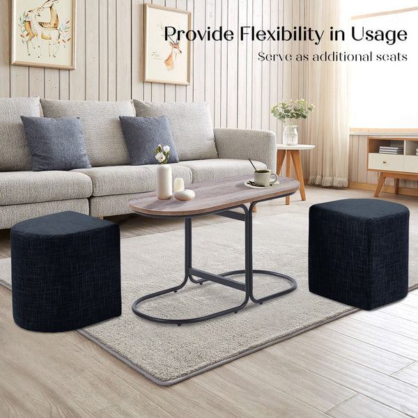 3 Piece Set Coffee Table & Ottoman Wood Side End Industrial Black Ottomans Footstools & Poufs