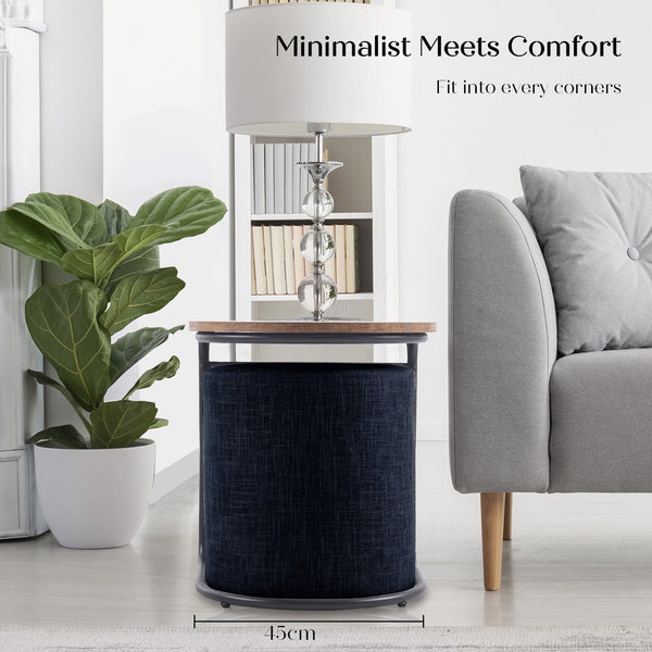 3 Piece Set Coffee Table & Ottoman Wood Side End Industrial Black Ottomans Footstools & Poufs