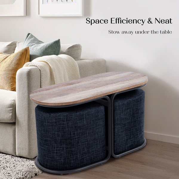 3 Piece Set Coffee Table & Ottoman Wood Side End Industrial Black Ottomans Footstools & Poufs