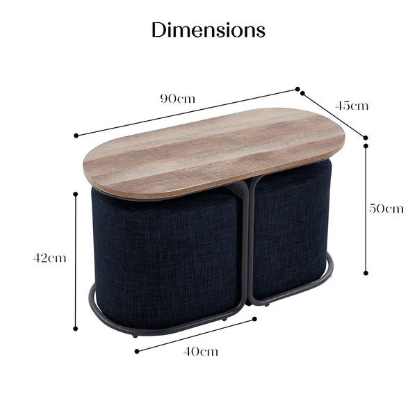 3 Piece Set Coffee Table & Ottoman Wood Side End Industrial Black Ottomans Footstools & Poufs