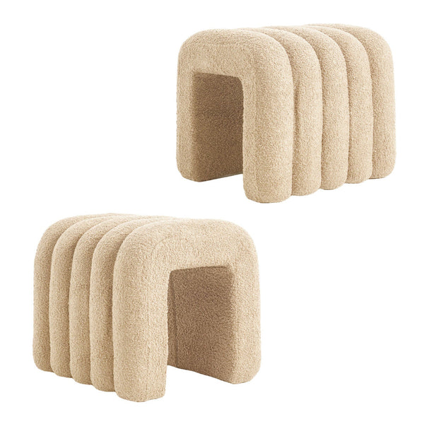 2X Ridge Arch Ottoman Stool Teddy Fleece Fabric Foot Rest 45Cm Beige Ottomans Footstools & Poufs