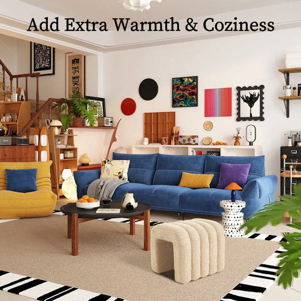 2X Ridge Arch Ottoman Stool Teddy Fleece Fabric Foot Rest 45Cm Beige Ottomans Footstools & Poufs