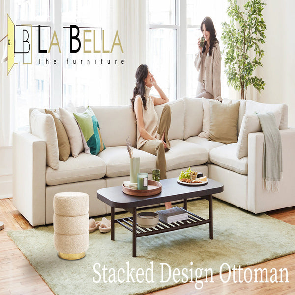 La Bella Round Stacked Ottoman Stool Teddy Fleece Fabric Foot Rest 38Cm Beige Ottomans Footstools & Poufs