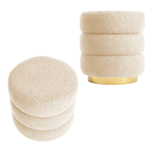 La Bella 2X Round Stacked Stool Teddy Fleece Fabric Foot Rest 38Cm Beige Ottomans Footstools & Poufs