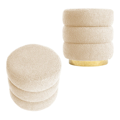 La Bella 2X Round Stacked Stool Teddy Fleece Fabric Foot Rest 38Cm Beige Ottomans Footstools & Poufs