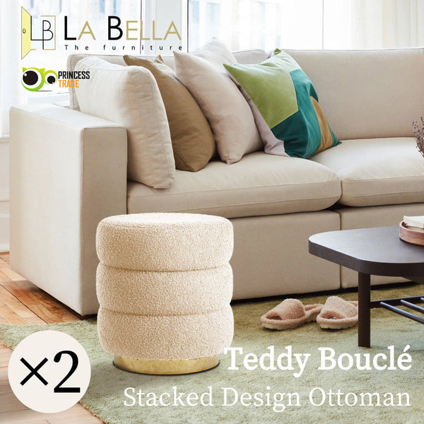 La Bella 2X Round Stacked Stool Teddy Fleece Fabric Foot Rest 38Cm Beige Ottomans Footstools & Poufs