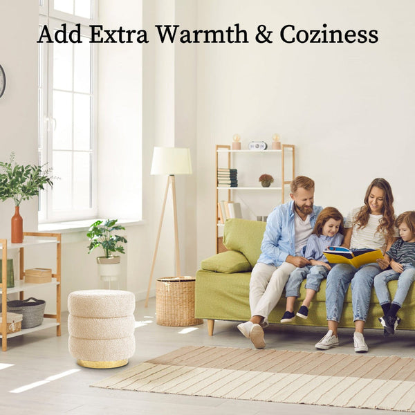 La Bella 2X Round Stacked Stool Teddy Fleece Fabric Foot Rest 38Cm Beige Ottomans Footstools & Poufs