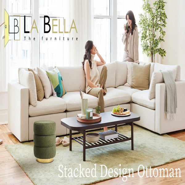 La Bella Round Stacked Ottoman Stool Teddy Fleece Fabric Foot Rest 38Cm Green Ottomans Footstools & Poufs