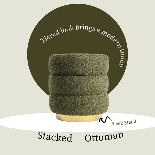 La Bella Round Stacked Ottoman Stool Teddy Fleece Fabric Foot Rest 38Cm Green Ottomans Footstools & Poufs