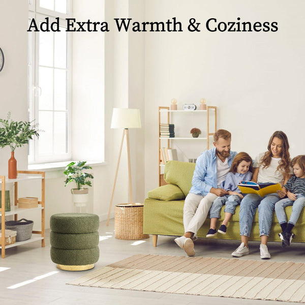 La Bella Round Stacked Ottoman Stool Teddy Fleece Fabric Foot Rest 38Cm Green Ottomans Footstools & Poufs