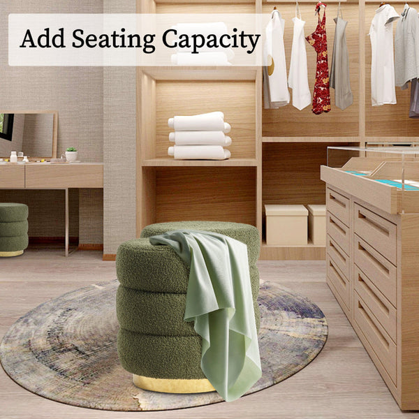La Bella Round Stacked Ottoman Stool Teddy Fleece Fabric Foot Rest 38Cm Green Ottomans Footstools & Poufs