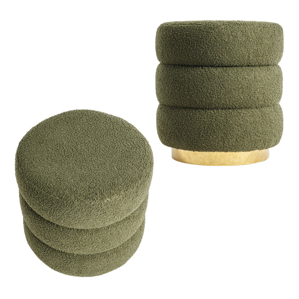 La Bella 2X Round Stacked Stool Teddy Fleece Fabric Foot Rest 38Cm Green Ottomans Footstools & Poufs