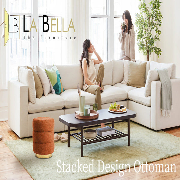 La Bella Round Stacked Ottoman Stool Teddy Fleece Fabric Foot Rest 38Cm Orange Ottomans Footstools & Poufs