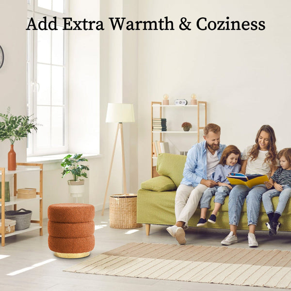 La Bella Round Stacked Ottoman Stool Teddy Fleece Fabric Foot Rest 38Cm Orange Ottomans Footstools & Poufs