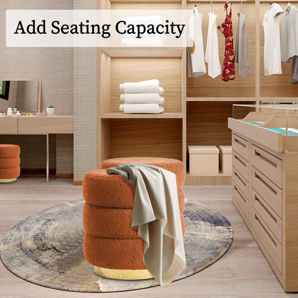 La Bella Round Stacked Ottoman Stool Teddy Fleece Fabric Foot Rest 38Cm Orange Ottomans Footstools & Poufs