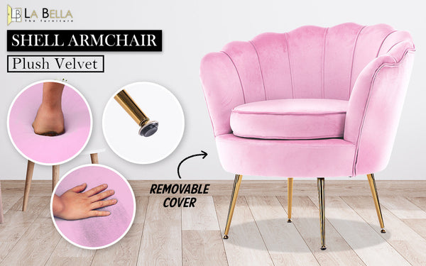 Armchair Padded Lounge Chair Accent Velvet Shell Scallop Pink Loungers