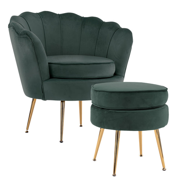 Armchair Lounge Chair Accent Velvet Shell Scallop + Ottoman Footstool Round Green Accent Chairs