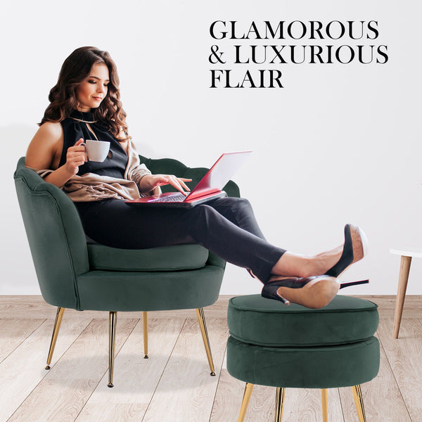 Armchair Lounge Chair Accent Velvet Shell Scallop + Ottoman Footstool Round Green Accent Chairs