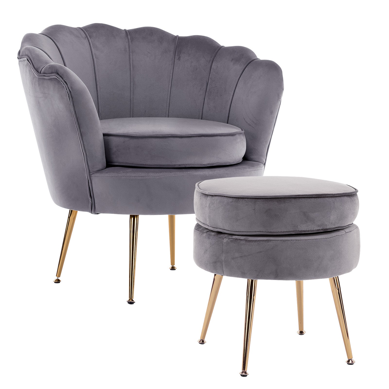 Armchair Lounge Chair Accent Velvet Shell Scallop + Ottoman Footstool Round Grey Ottomans Footstools & Poufs