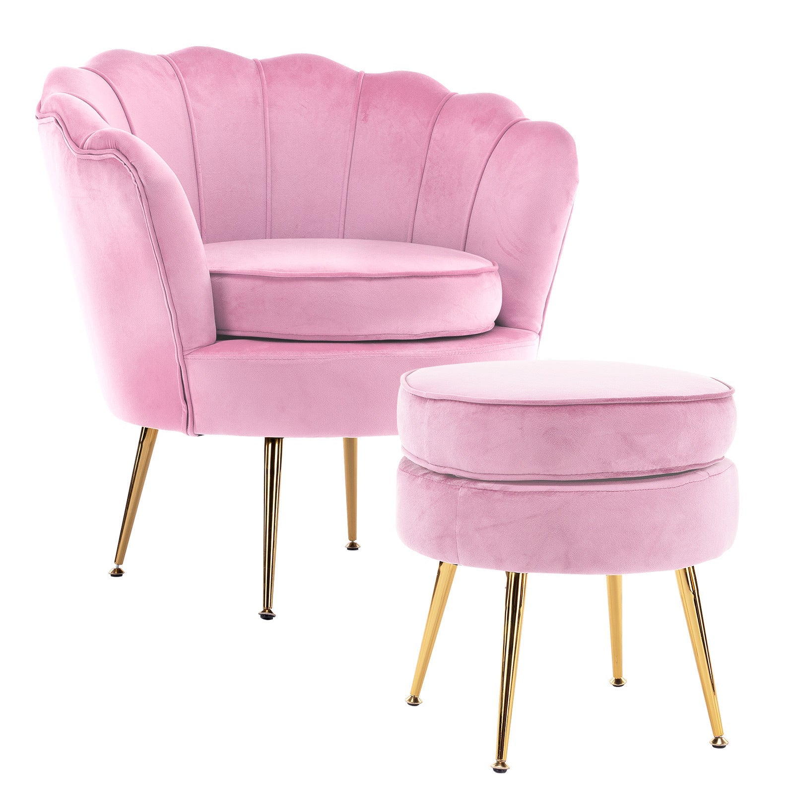 Armchair Lounge Chair Accent Velvet Shell Scallop + Round Ottoman Footstool Pink Ottomans Footstools & Poufs
