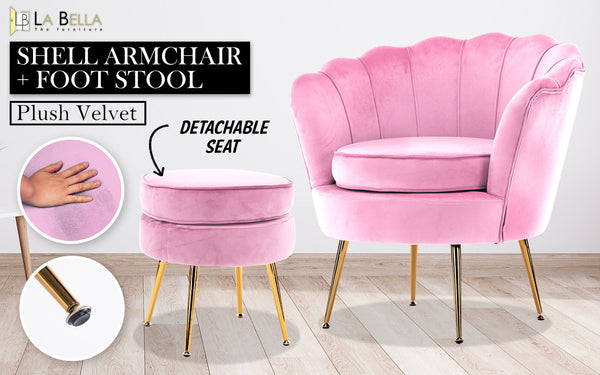 Armchair Lounge Chair Accent Velvet Shell Scallop + Round Ottoman Footstool Pink Ottomans Footstools & Poufs
