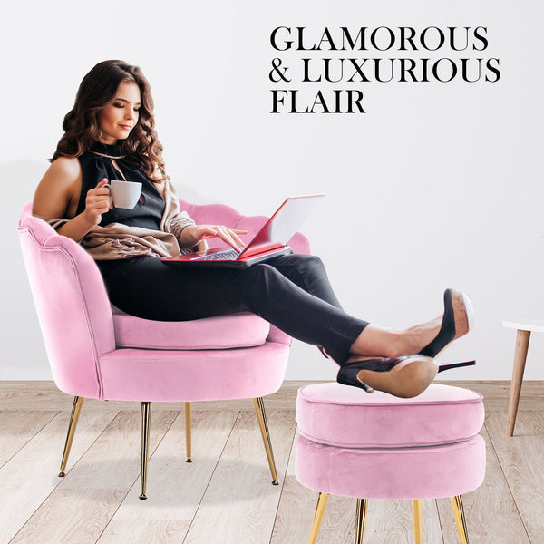 Armchair Lounge Chair Accent Velvet Shell Scallop + Round Ottoman Footstool Pink Ottomans Footstools & Poufs
