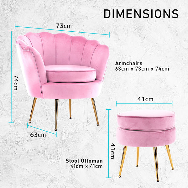 Armchair Lounge Chair Accent Velvet Shell Scallop + Round Ottoman Footstool Pink Ottomans Footstools & Poufs