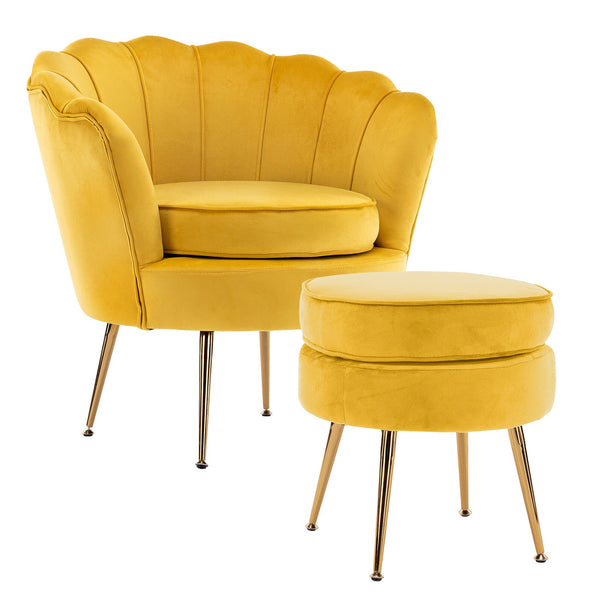 Armchair Lounge Chair Accent Velvet Shell Scallop + Round Ottoman Footstool Yellow Ottomans Footstools & Poufs