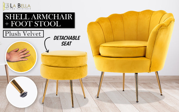 Armchair Lounge Chair Accent Velvet Shell Scallop + Round Ottoman Footstool Yellow Ottomans Footstools & Poufs