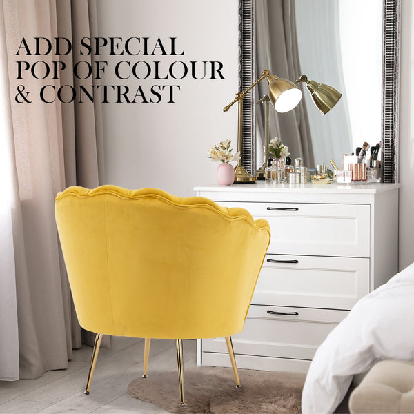 Armchair Lounge Chair Accent Velvet Shell Scallop + Round Ottoman Footstool Yellow Ottomans Footstools & Poufs