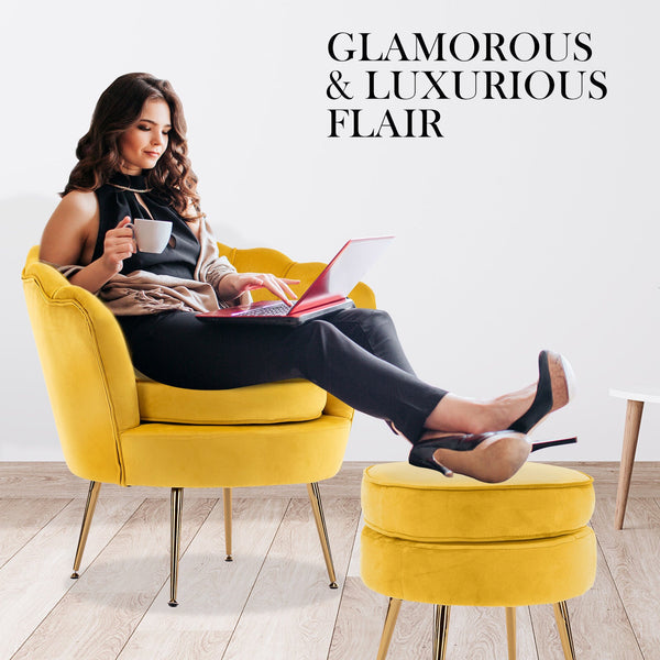 Armchair Lounge Chair Accent Velvet Shell Scallop + Round Ottoman Footstool Yellow Ottomans Footstools & Poufs