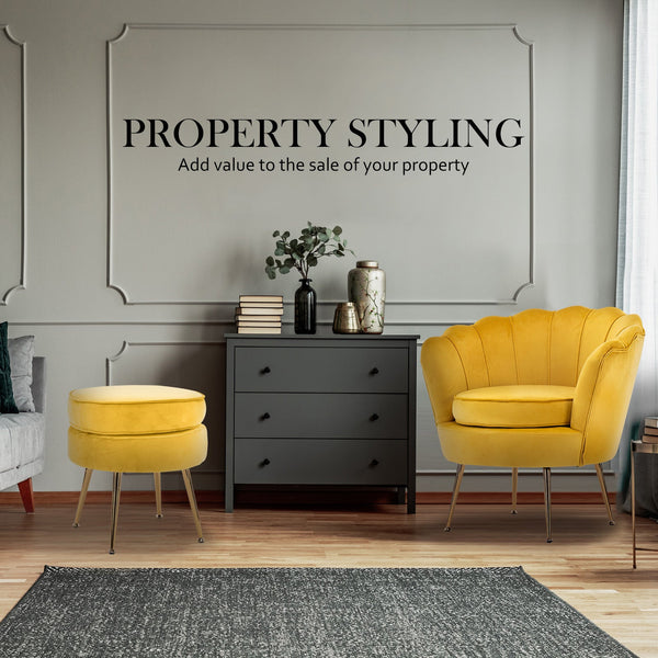 Armchair Lounge Chair Accent Velvet Shell Scallop + Round Ottoman Footstool Yellow Ottomans Footstools & Poufs