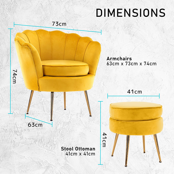 Armchair Lounge Chair Accent Velvet Shell Scallop + Round Ottoman Footstool Yellow Ottomans Footstools & Poufs